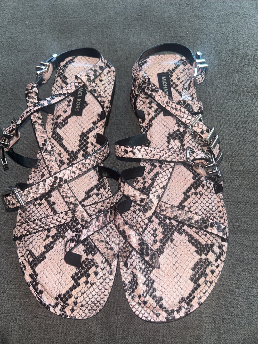 Michael Kors Pink Snake-Print Strappy Flat Sandals with Silver Buckles